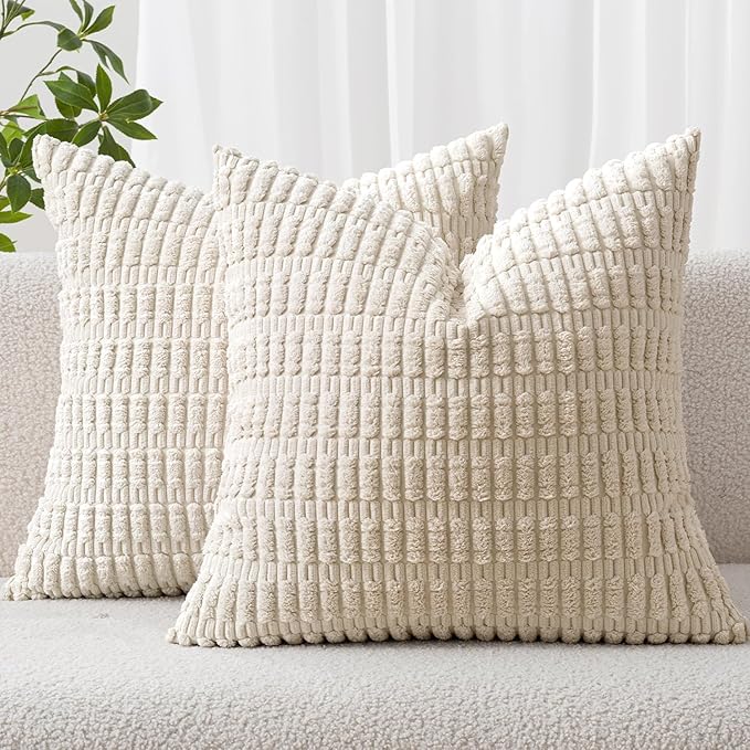 MIULEE Pack of 2 Corduroy Decorative Euro Sham Throw Pillow Covers 22x22 Inch Soft Boho Striped Pillow Covers Modern Farmhouse Home Decor for Sofa Living Room Couch Bed Cream White