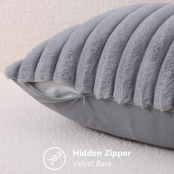 decorUhome Fall Faux Fur Throw Pillow Covers 24x24 Set of 2 Grey | Decorative Soft Cozy Striped Plush Modern Farmhouse Boho Couch Pillow Cases Velvet Back for Sofa Bed Living Room Home Decor