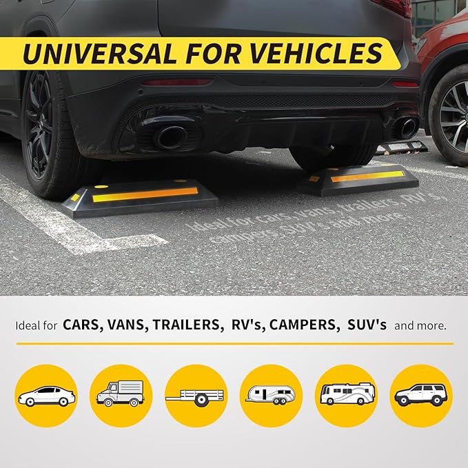 MaxxHaul 50135 2-Pack Commercial Grade Rubber Curb Parking Blocks with Yellow Reflective Strips Wheel Stops for Cars, Vans, RV's Trailers, Trucks & More