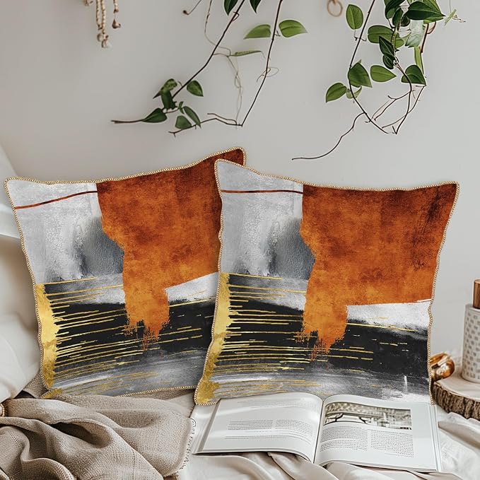 Burnt Orange Gold Grey Soft Velvet Throw Pillow Covers Set of 2 Taupe Gray Abstract Art Painting Decorative Pillow Covers 16x16 Inch Modern Retro Pillow Case For Sofa Couch Living Room Home Decor