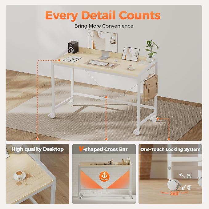 Mericonia 47x20 Inch Small Computer Desk with Wheels & Rear Lip | Simple Rolling Desk, Writing Table for Home Office Bedroom Work Study, Oak