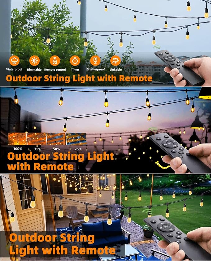 Remote Control Outdoor String Lights 200FT for Outside Patio Lights Waterproof with 63 Replaceable S14 Bulbs for Bistro Pergola Porch Backyard Dimmable, 2200K, Linkable, Hooks, Zip Ties included