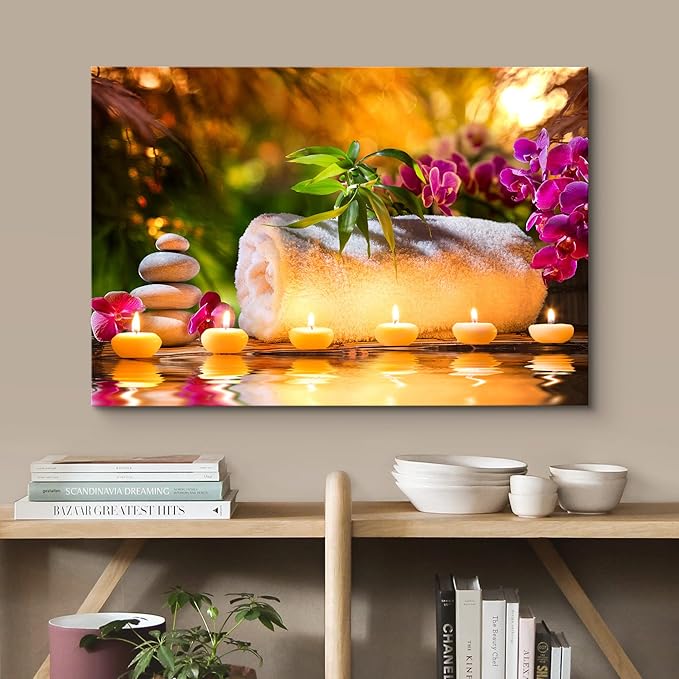 wall26 Canvas Print Wall Art Sunset Yoga Meditation Bath Towel Candle Orchids Nature Wilderness Photography Realism Rustic Landscape Colorful Multicolor for Living Room, Bedroom, Office - 12"x18"