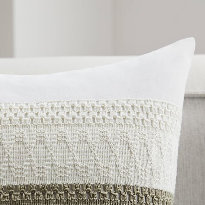 2pk Boho Pillow Covers 16x16, Natural White/Contrast/Dark Sage | 100% Organic Cotton Body, Stripe Embroidery, Farmhouse Decorative Cushion Covers for Sofa Bed Living Room Home Decor
