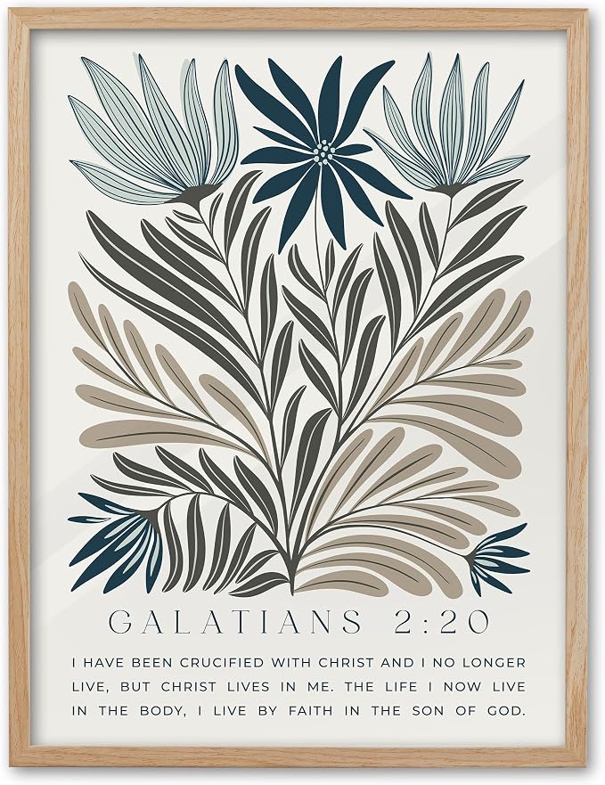 EcoHest 12x16 in Galatians 2:20 Botanical Floral Framed Christian Wall Art | Natural Oak Wood Frame, Canvas Wall Art, Nature Scripture Bible Verse Decor for Bedroom, Living Room, Office, Church, 1Pack