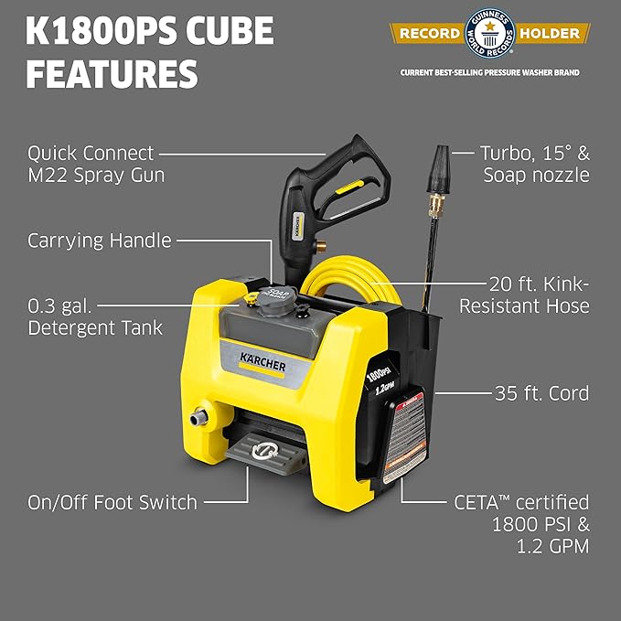 Kärcher Pressure Washer K1800PS Cube, CETA Certified, 3 Spray Nozzles, Detergent Tank, for Cars, Driveways, Siding, Patios, 1.2 max. GPM