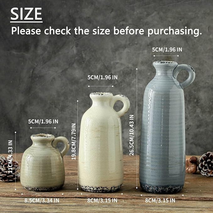 Ceramic Vases Set of 3, Neutral Rustic Farmhouse Vase with Handle, Decorative Flower Vases Home Decor Modern Boho Pampass Vase for Table Mantel Entryway Shelf Living Room Kitchen Bathroom - Ocean