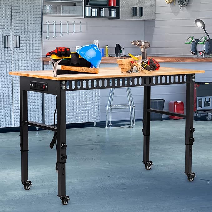 48" Height Adjustable Workbench, 2000 LBS Load Capacity Rubber Wood Top Workstation, Heavy-Duty Hardwood Worktable for Garage Workshop (with Wheels and Socket,48'')