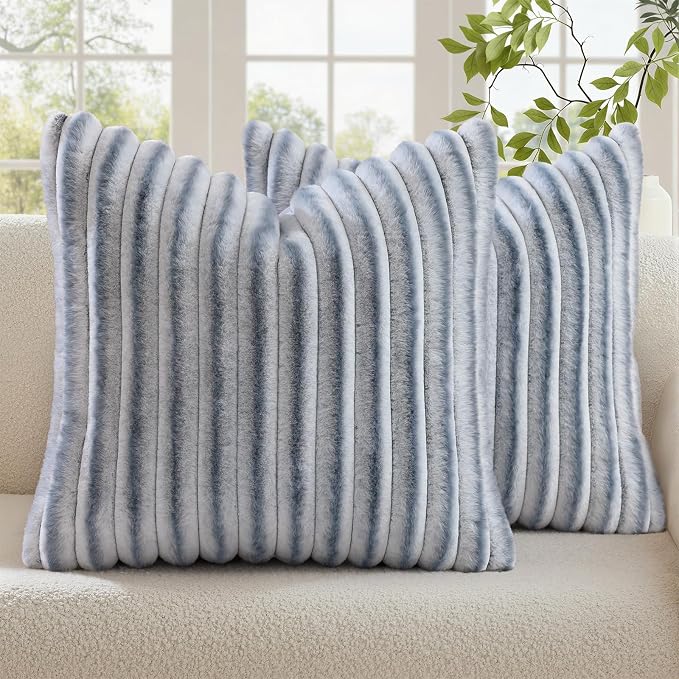 decorUhome Fall Faux Fur Throw Pillow Covers 22x22 Set of 2 Grey White | Decorative Soft Cozy Striped Plush Modern Farmhouse Boho Couch Pillow Cases Velvet Back for Sofa Bed Living Room Home Decor