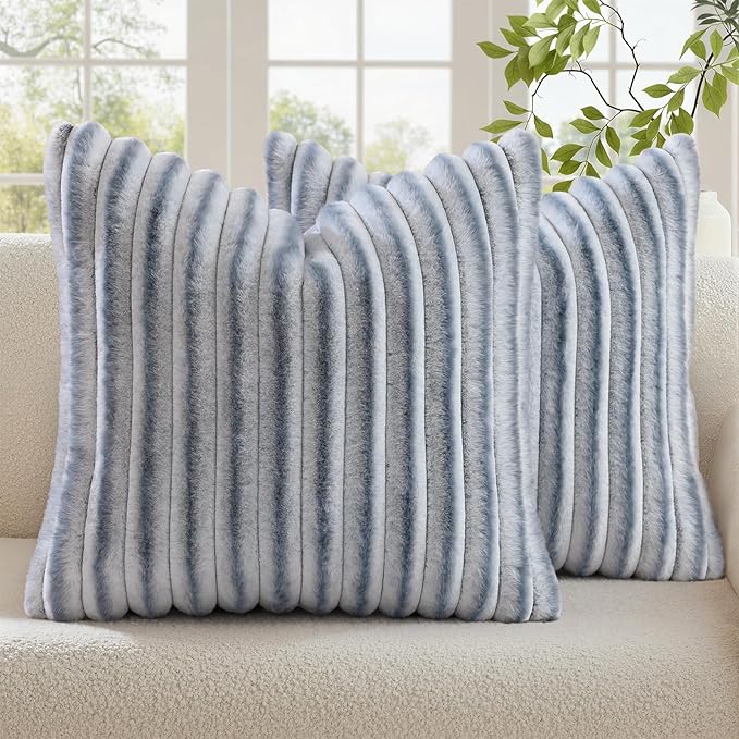 decorUhome Fall Faux Fur Throw Pillow Covers 24x24 Set of 2 Grey White | Decorative Soft Cozy Striped Plush Modern Farmhouse Boho Couch Pillow Cases Velvet Back for Sofa Bed Living Room Home Decor