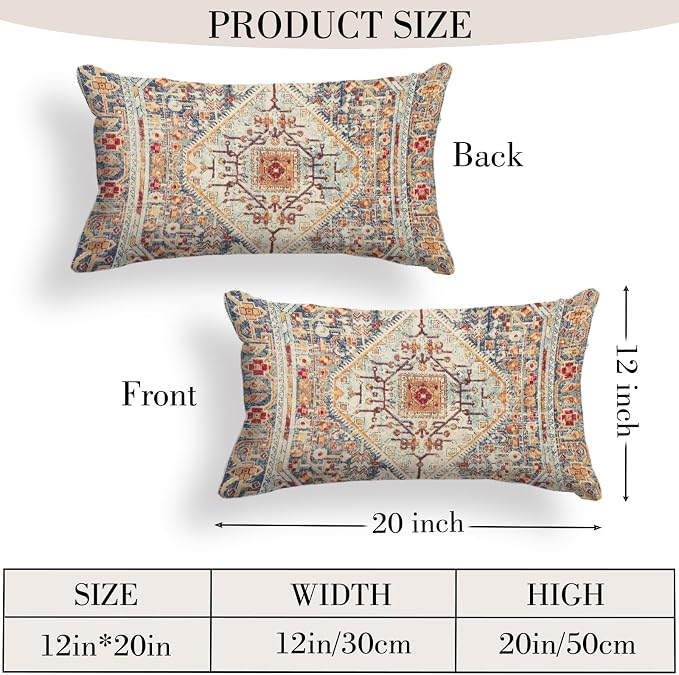 Boho Throw Pillow Covers 12x20 inch Set of 2,Boho Vintage Carpet Pattern Antique Ethnic Decor Double Sided Pattern Cushion Cover Soft Pillow Case Living Sofa Room Bed Square Pillow Cover