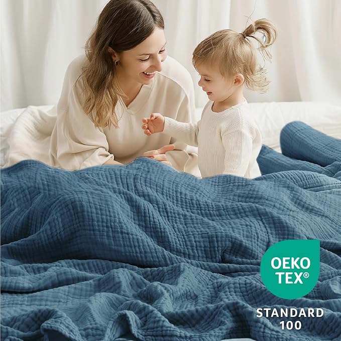 100% Cotton Muslin Blanket 50" x 60", Breathable and Lightweight Cotton Throw Blankets for Couch, Soft Cooling Summer Gauze Blanket for Adults All Season, Grayish Blue