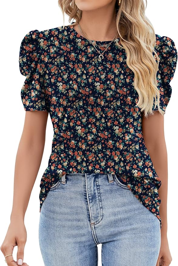 Ivicoer Puff Short Sleeve Shirt for Women Eyelet Tops Summer Crewneck Blouse Loose Fit S-XXL
