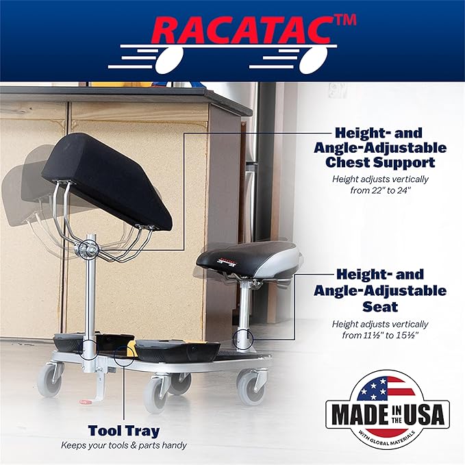 RACATAC Kneeling Sitting Creeper, 2 Inch Casters, Knee Pads, Adjustable Seat, Made in the USA, 01RACCS