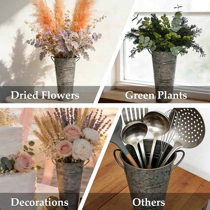 9 Inch Black Metal Flower Buckets, Set of 6 - Rustic Vases with Handles for Farmhouse & Wedding Decor, Tall Planters for Cut Flowers, Table Centerpiece & Home Organization