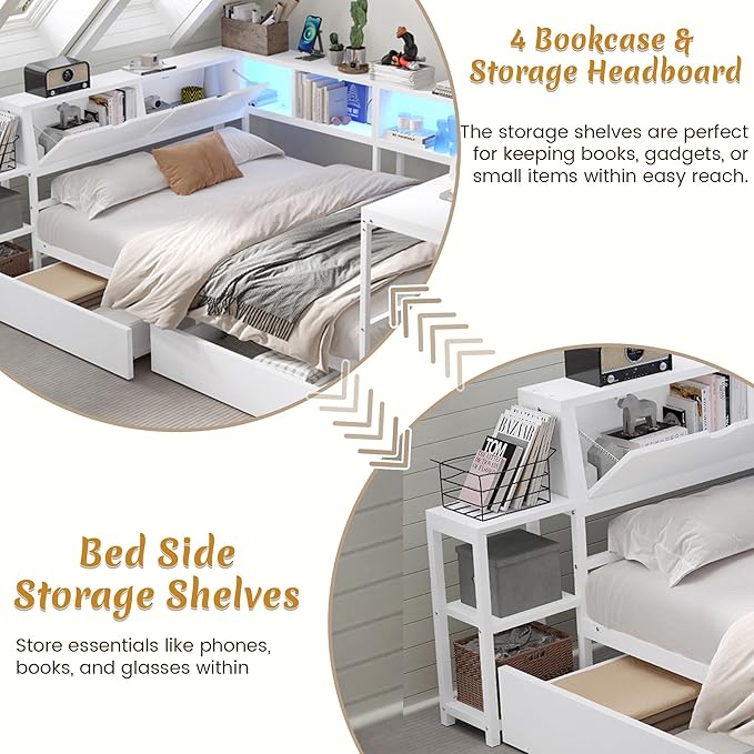 Twin Corner Bed Frame with Desk, LED Lights & Charging Ports, L-Shaped Daybed with Storage Drawers, Bookcase & Open Shelves, Modern Twin Size Daybed for Kids, Teens & Compact Bedrooms,White