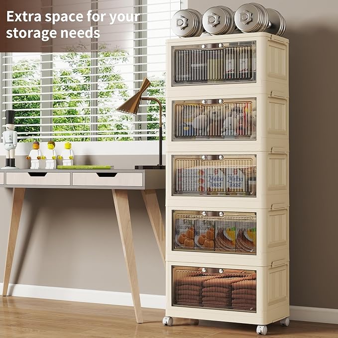 5 Tier - 34QT Storage Bins with Lids, Collapsible Storage Bins with Doors and Wheels, Plastic Storage Cabinet for Easy Storage and Organization for Living Room, Office