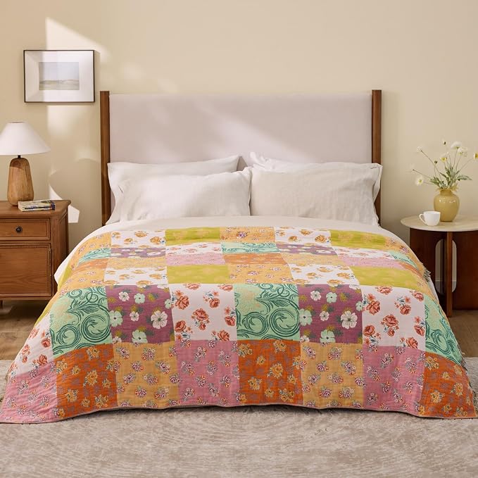 RILIHO 100% Cotton Boho Throw Blanket for Home Decor – Classic Farmhouse Quilt Bedding, Muslin Blankets for Adults, Vintage Woven Decorative Blanket for Couch, Bed Layering Use, Patchwork, 104"x90"