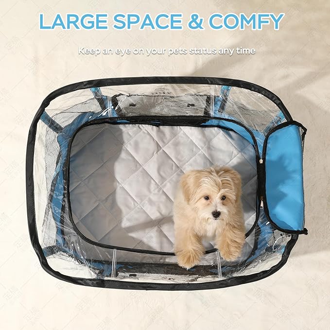 Portable Pet Playpen with Waterproof pad, Collapsible Crates Kennel Playpen for Dog cat and Rabbit &Travel playpen Outdoor or Indoor (Medium（31.5" L x 23.6" W x 21.7" H）, Clear Blue)