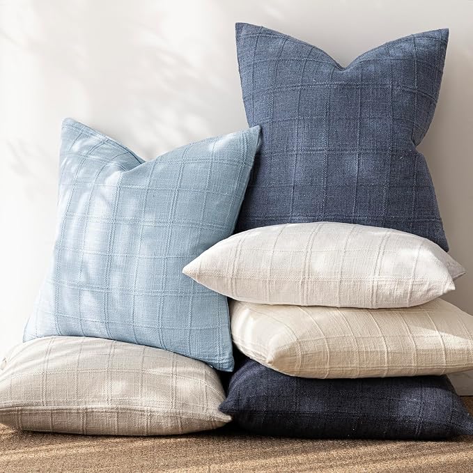 Foindtower Set of 2 Decorative Linen Check Throw Pillow Covers Neutral Farmhouse Vintage Cushion Covers Modern Boho Accent Home Decor for Sofa Chair Couch Bedroom Living Room,22×22 Inch,Sky Blue