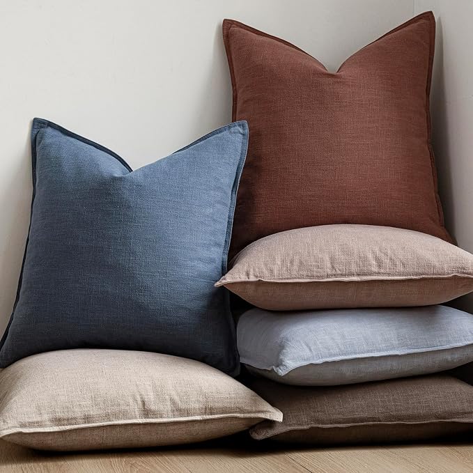 Foindtower Pack of 2, Decorative Ramie Cotton Throw Pillow Covers Soft Accent Euro Cushion Case Farmhouse Neutral Pillowcase for Chair Couch Sofa Bedroom Living Room Home Decor 22 x 22 Inch Dark Blue
