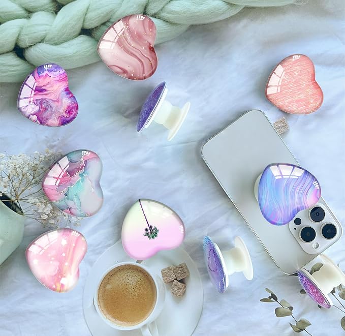 Luhoit Expandiing Cell Phone Grip Heart Shape Glass Finger Holder for Smartphones, Cellphone Collapsible Stand - Pink Star