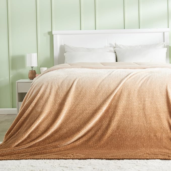 NEWCOSPLAY Fleece Leaves Pattern Twin Blanket, Ombre Brown, 60"x80" | Super Soft Throw Blanket, Lightweight Cozy Bed Sofa Blanket, Premium Silky Flannel Fleece, Travel Blanket for All Season Use