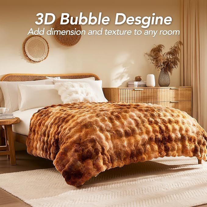 L'AGRATY Faux Fur Throw Blanket for Couch, 60''x80'' Tie-Dye Caramel Brown | Soft Cozy Bubble Fluffy Blanket for Sofa Bed, Thick Warm Plush Fuzzy Throw for Room Home Decor, Luxury Gift for Women Mom
