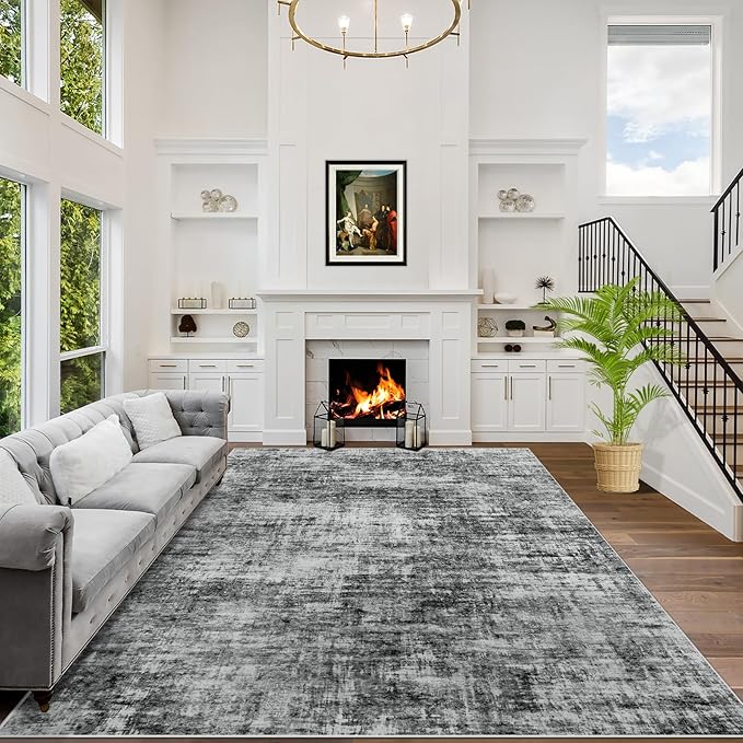 10x14 Area Rugs Washable Rug: Modern Abstract Living Room Rug Soft Anti-Skid Thin Carpet Indoor Floor Non-Shedding Carpets for Bedroom Dining Room Farmhouse Nursery Home Office Black