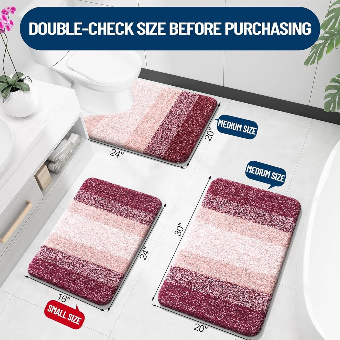 OLANLY Luxury Toilet Rugs U-Shaped 24x20, Extra Soft and Absorbent Microfiber Bathroom Rugs, Non-Slip Plush Shaggy Bath Mat, Machine Wash Dry, Contour Bathroom Mats for Toilet Base, Red