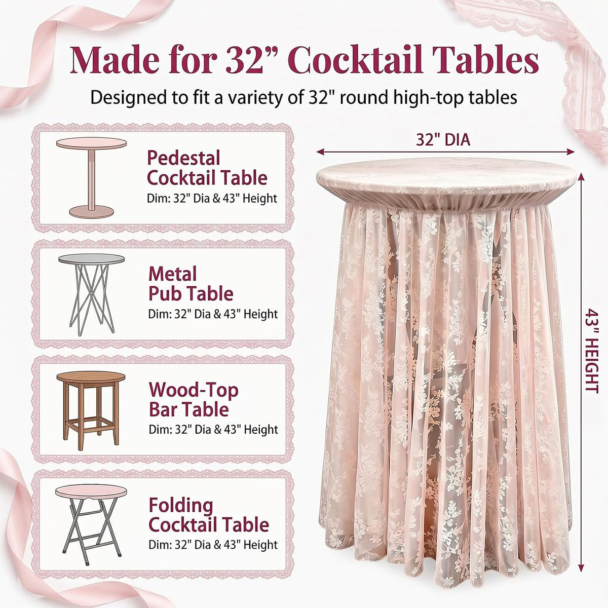 2-Pack Coral Pink Lace Fabric Cocktail Table Covers, Stretch High Top Highboy Tablecloths with Ruffle Skirt, Wrinkle-Resistant, for Wedding Fashion Banquet Home Party Tables (32" Dia x 43" H)