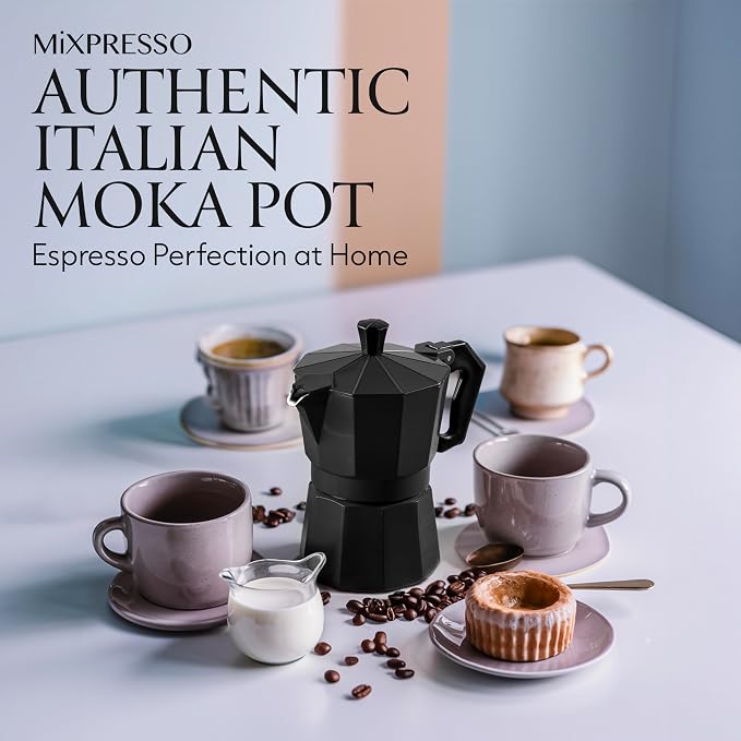 Mixpresso 3 Cup Moka Pot Stovetop Espresso Maker, Italian Cuban Coffee Pot | 5oz aluminum Italian coffee maker for gas and electric stovetops, small design for traditional espresso-style coffee at home