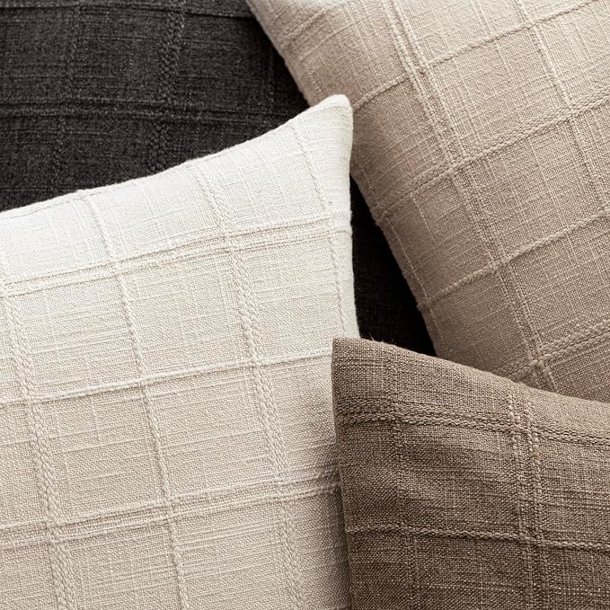Foindtower Set of 2 Decorative Linen Check Throw Pillow Covers Neutral Farmhouse Vintage Cushion Covers Modern Boho Home Decor for Sofa Chair Couch Bedroom Living Room,22×22 Inch,Natural Beige