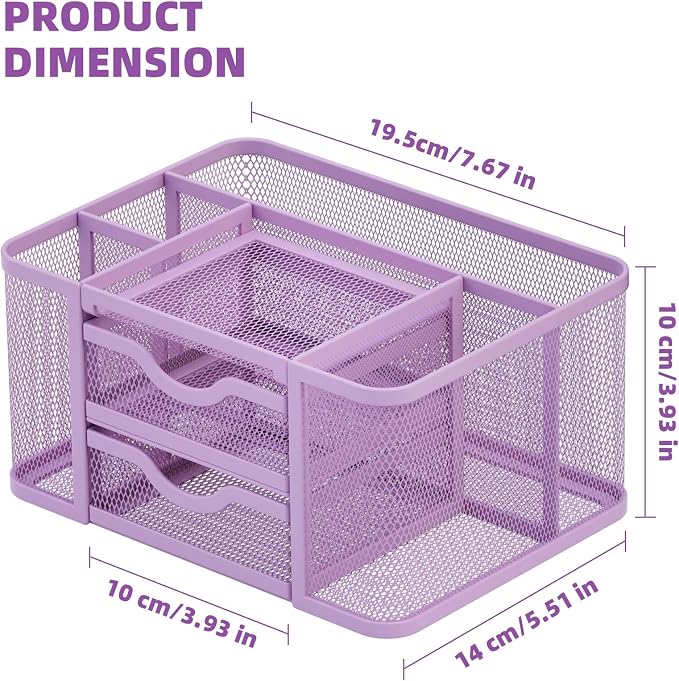 Marbrasse Mesh Desk Organizer, Pen Holder with 2 Drawer, Multi-Functional Pencil Holder, Desk Organizers and Accessories with 5 Compartments + Drawer for Office Art Supplies (Purple)
