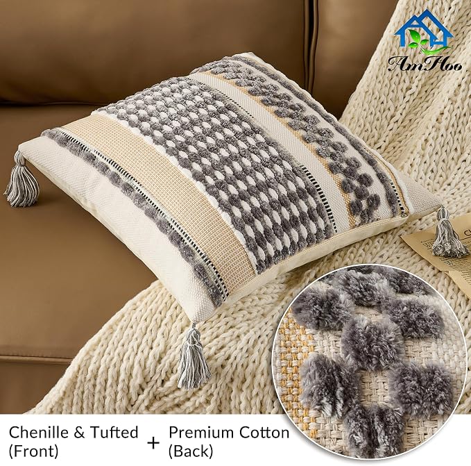 Set of 2 Chenille Striped Textured Boho Throw Pillow Covers Aesthetic with Tassels Woven Decorative Pillow Case for Couch Bed Sofa Bedroom Modern Funky 18 x 18-Inch Grey White