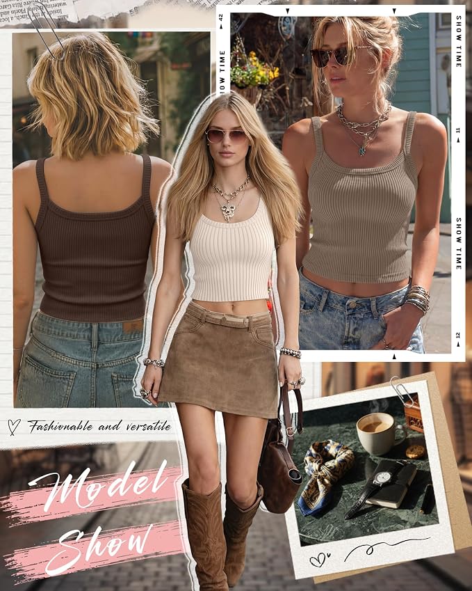 Ficerd 3 Pack Women's Tank Tops 95% Cotton Spaghetti Strap Ribbed Crop Camisole Slim Fitted Basic Summer Sleeveless Layer