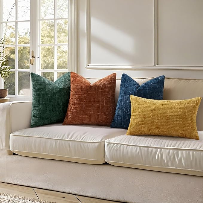 decorUhome Textured Chenille Throw Pillow Covers 22x22 Set of 2 Green | Fall Modern Farmhouse Soft Cozy Slubby Couch Pillow Cases Boho Decorative Pillow Cases for Bed Sofa Living Room Home Decor