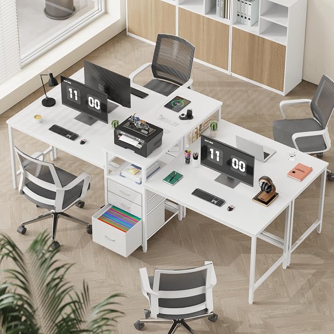 GYIIYUO 93'' Two Person Desk with Charging Station, Long Desk with 3 Drawer | Double Computer Desk with Printer Shelf, 2 Person Writing Study Table Workstation for Home Office, White