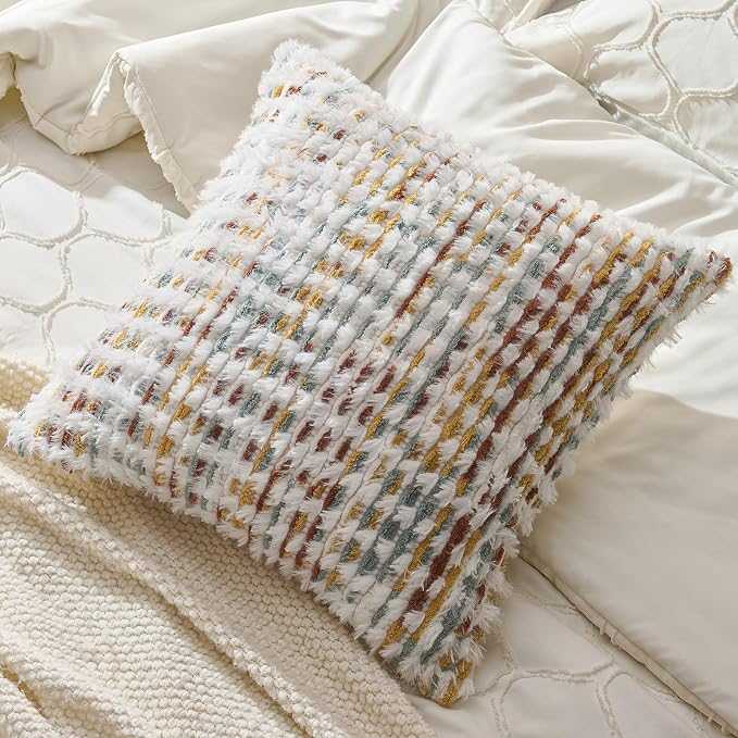 Set of 2 Boho Chenille Pillow Cover Decorative Tufted Pillowcase for Couch Bed Sofa Bedroom Living Room Modern 18 x 18-Inch Brown White