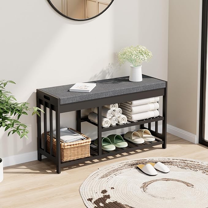 Shoe Rack Bench with Cushion,2 Tiers Shoe Bench with Flip-Top Storage,Wood Shoe Rack for Entryway, Hallway, Bedroom, Front Door Entrance (Black)