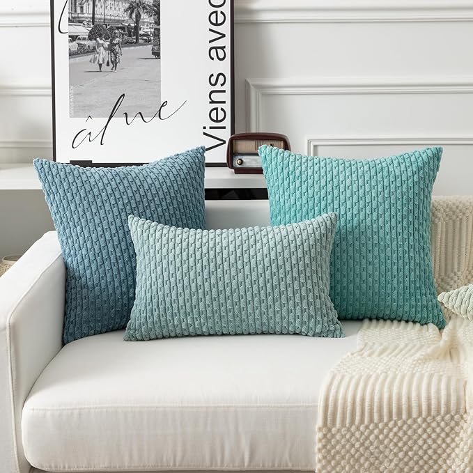 Kevin Textile Soft Corduroy 12"x24" Lumbar Pillow Cover 1 Pack, Aqua Green | Boho Stripe Plush Corduroy Decorative Oblong Cushion Cover Modern Farmhouse Home Decor for Sofa Couch Bed Chair