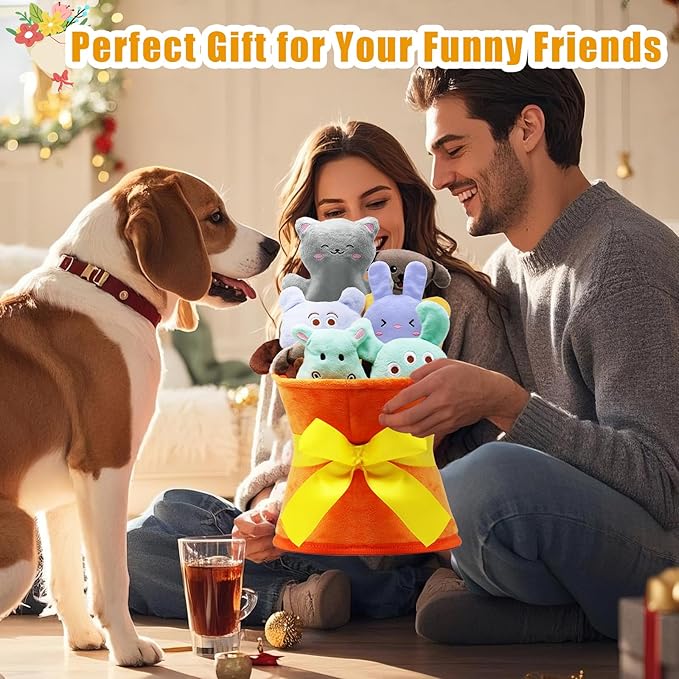 Squeaky Dog Toys, 11 Pcs Interactive Dog Plush Toy Collection in Flower Bouquet Packaging,10 Adorable Animal Plushies for Endless Play & Training
