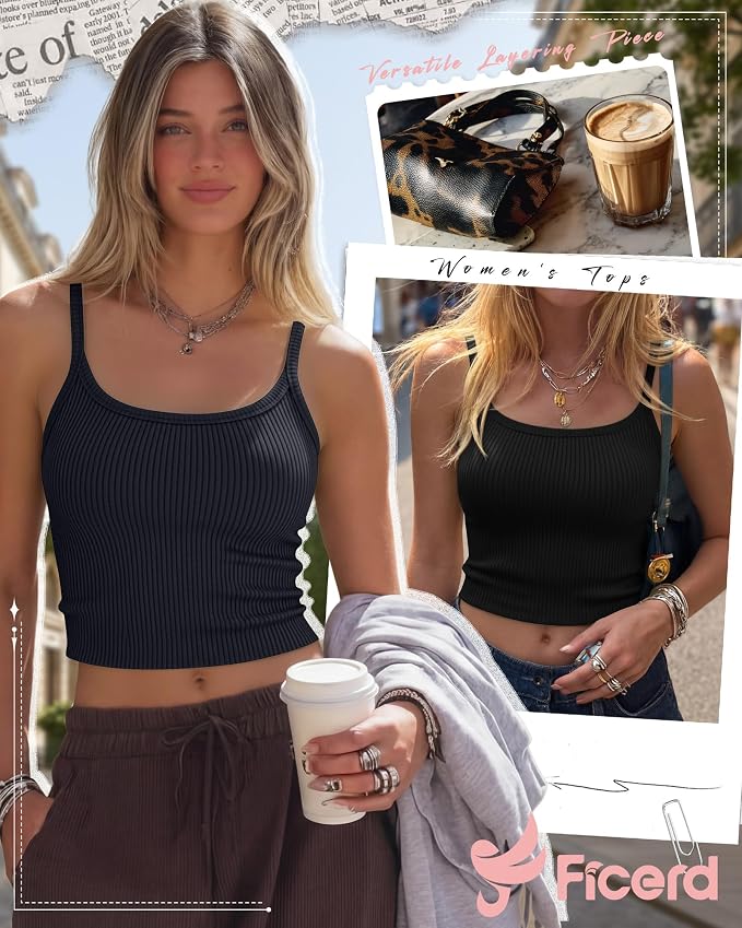 Ficerd 3 Pack Women's Tank Tops 95% Cotton Spaghetti Strap Ribbed Crop Camisole Slim Fitted Basic Summer Sleeveless Layer