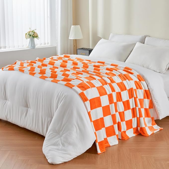 BEDELITE Plaid Twin Blanket for Checker Neyland, Orange & White 60"x80" | Tennessee vols Decor, Gift for Vol Nation,100% Polyester Microfibe, Soft, Lightweight Warm, Machine Washable, for Couch Bed
