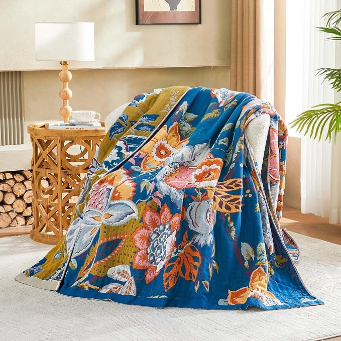 XIBLC Boho Throw Blanket, Blue Lightweight Blankets for Summer, 100% Cotton Bohemian Decorative Throw Blanket, 60"x80" Reversible Muslin Breathable Woven Farmhouse Blankets Quilt,