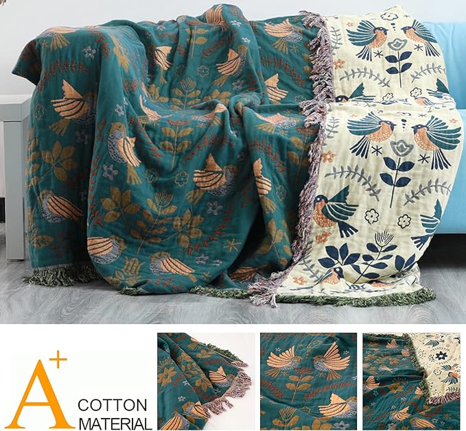 King Throw Blanket for Bed Couch,100% Organic Cotton Reversible Soft Quilt, Birds and Floral Breathable Lightweight Blankets,90"×108" Extra Large Sofa Throws for 3 4 Seater with Tassels,Teal