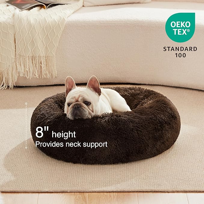 Love's cabin 24in Cat Beds for Indoor Cats - Cat Bed with Machine Washable, Waterproof Bottom - Dark Brown Fluffy Dog and Pet Calming Cushion Bed for Joint-Relief and Sleep Improvement