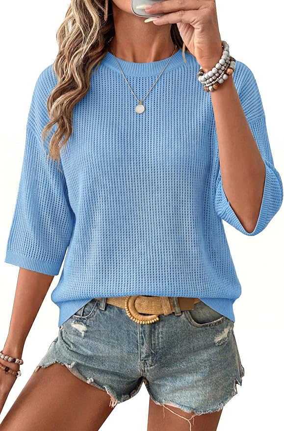 Arach&Cloz Womens Summer 100% Cotton Oversized Crochet Tops 3/4 Length Sleeve Sweater Hollow Out Casual Blouses 2026