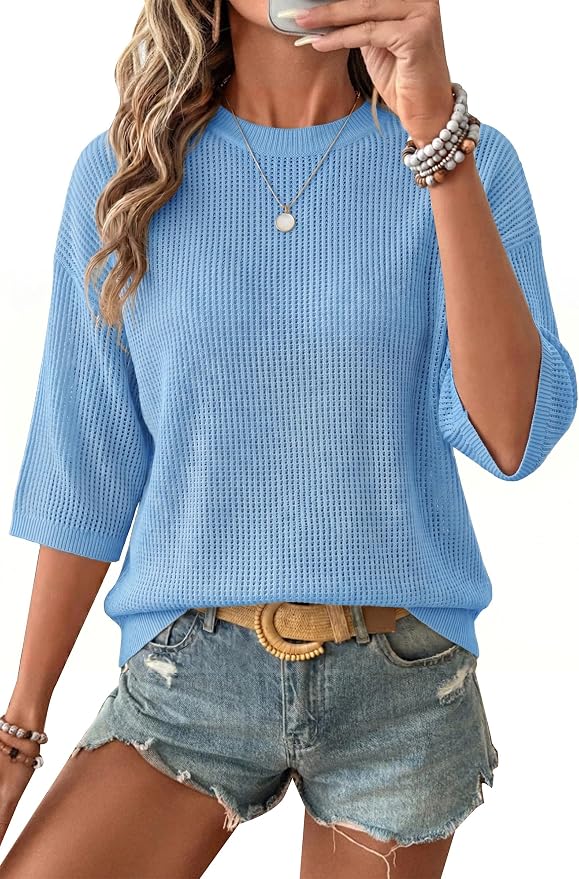 Arach&Cloz Womens Summer 100% Cotton Oversized Crochet Tops 3/4 Length Sleeve Sweater Hollow Out Casual Blouses 2026