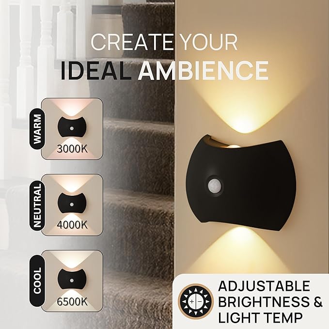 Battery Operated Wall Sconces Set of Two, Rechargeable Wireless LED Wall Lights — Motion Sensor, No Drill Magnetic Mount, 3 Modes, for Bedroom Hallway Stairs, Black